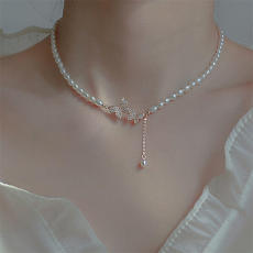 批发法式复古珍珠项链轻奢小众高级感超闪满钻蝴蝶吊坠锁骨链颈链批发
