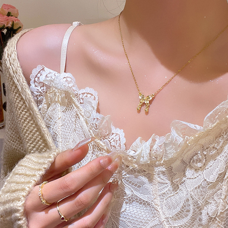 CX13334# 最便宜饰品批发  轻奢小众高级感蝴蝶吊坠钛钢项链女在逃公主同款百搭气质锁骨链