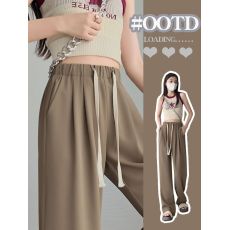 批发大码 咖色垂感冰丝西装裤女夏季松紧裤小个子窄版<b class='q'>雪纺</b>阔腿裤子