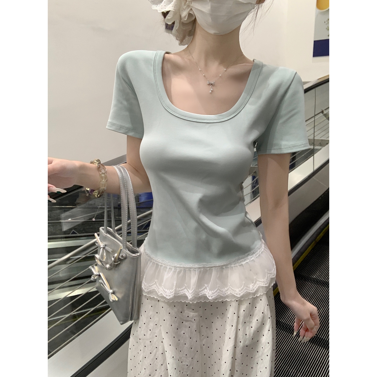 MY7865# 夏季韩版方领气质芭蕾风蕾丝拼接纯棉短袖T恤上衣女女裝貨源服...