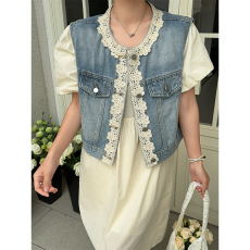 批发实拍花边牛仔马甲