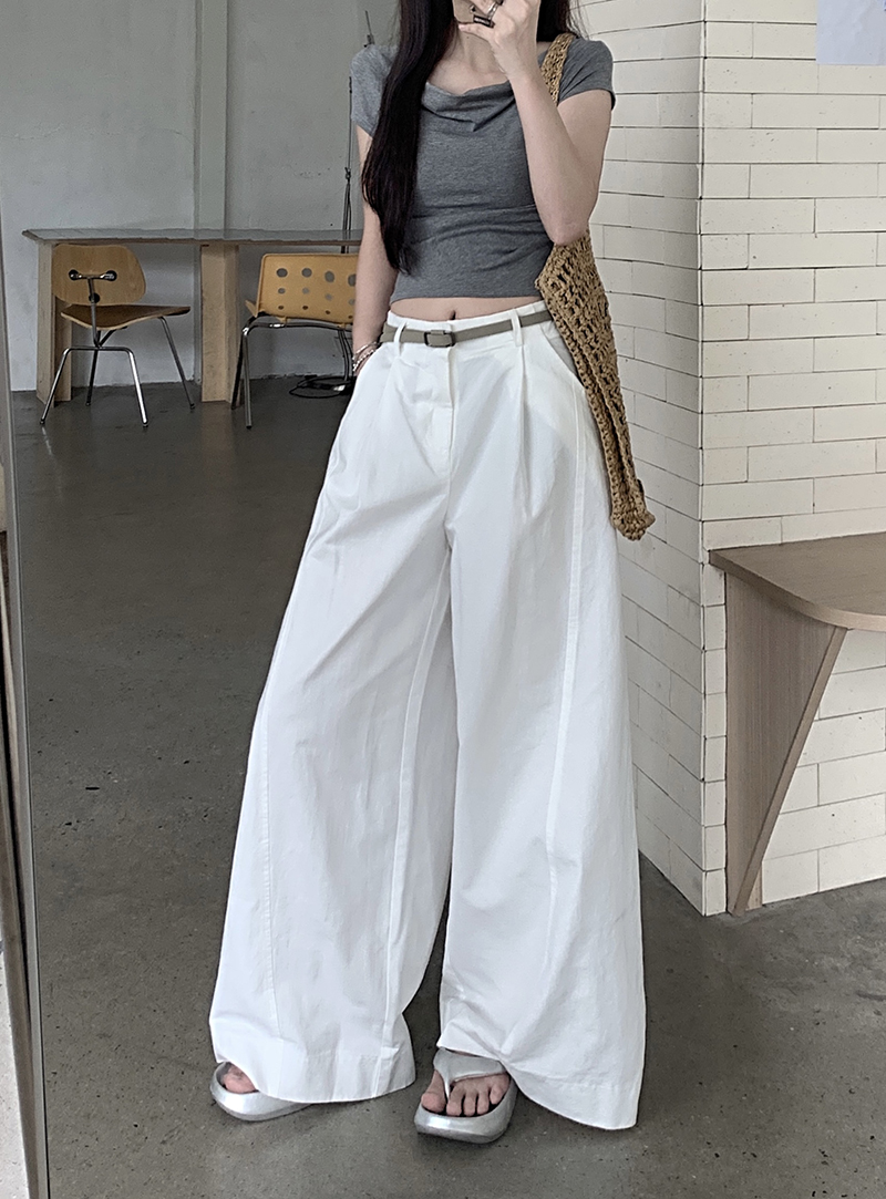 실사 느긋한 센스 캐주얼 바지 여성 봄 여름 하이웨이스트 레트로 단색 루즈핏 와이드 레그 팬츠 도루 센스 바닥 청소 바지 긴 바지