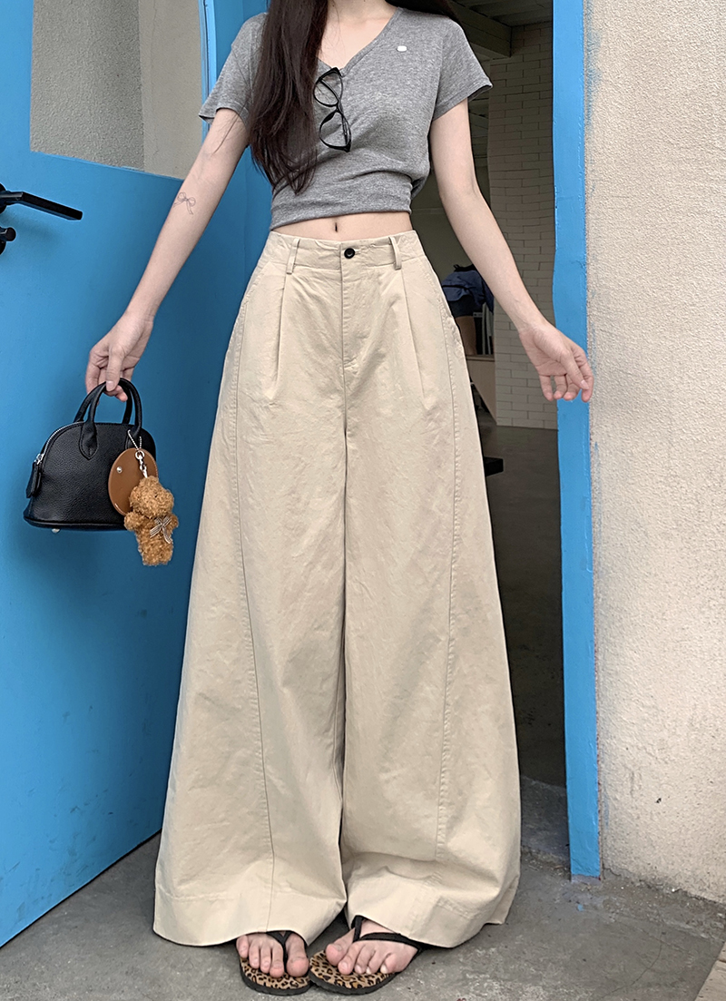 실사 느긋한 센스 캐주얼 바지 여성 봄 여름 하이웨이스트 레트로 단색 루즈핏 와이드 레그 팬츠 도루 센스 바닥 청소 바지 긴 바지