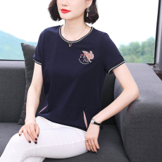 批发短袖T恤女宽松拼接大码女装上衣<b class='q'>夏装</b>新款中年妈妈半袖纯棉小衫