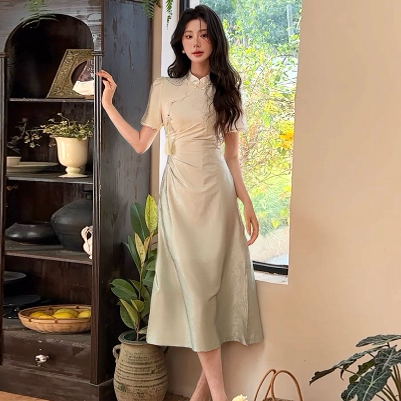FA22685# 新中式连衣裙女夏渐变绿短袖长款裙子国风收腰日常可穿旗袍 服裝批發女裝批發服飾貨源
