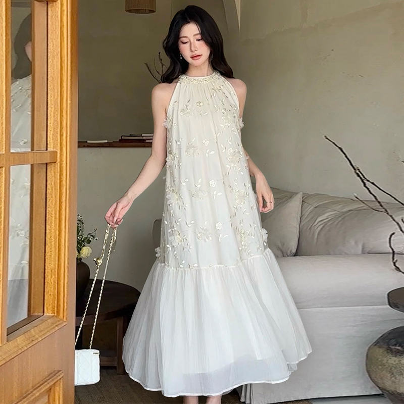 FA22684# 法式重工刺绣蕾丝白色连衣裙女夏季新款纯欲风气质长裙子 服裝批發女裝批發服飾貨源