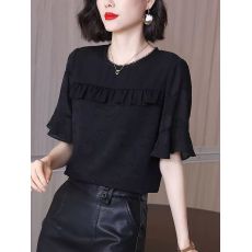 批发黑色时尚蕾丝<b class='q'>雪纺衫女</b>2026年夏季<b class='q'>短袖</b>上衣遮肚子小衫百搭女士衬衫