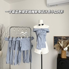 批发一字肩蓝色上衣女<b class='q'>夏</b>季新款绑带短袖修身韩系设计感小众衬衫
