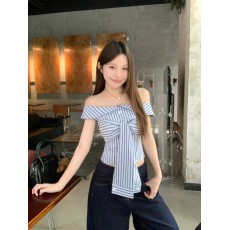 批发一字肩蓝条上衣女<b class='q'>夏</b>绑带短袖修身设计感小众上衣