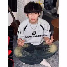 批发重磅 230克超爽滑纯棉潮牌美式拼接撞色条纹织带宽松休闲情侣T恤