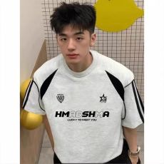 批发重磅 230克超爽滑纯棉潮牌美式拼接撞色条纹织带宽松休闲情侣T恤