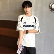 批发重磅 230克超爽滑纯棉潮牌美式拼接撞色条纹织带宽松休闲情侣T恤