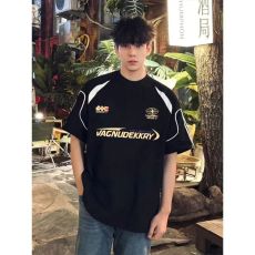 批发重磅 230克超爽滑纯棉潮牌美式拼接撞色条纹织带宽松休闲情侣T恤