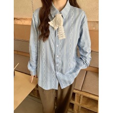 批发【适合品质店铺】<b class='q'>条纹</b>蕾丝蝴蝶结长袖<b class='q'>衬衫</b>上衣女