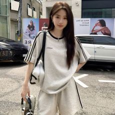 批发三条杠休闲运动服套装女夏学生宽松韩版时尚短袖短裤跑步两件套潮