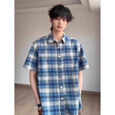 批发网图 蓝色格子短袖衬衫男夏季美式格纹衬衣少年感宽松翻领薄外套