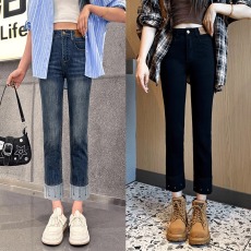 批发2025复古弹力<b class='q'>大码</b>牛仔裤女春秋新款胖mm小个子高腰九分直筒烟管裤