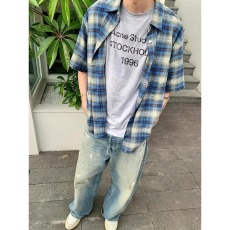 批发网图 蓝色格纹短袖衬衫男女款夏季美式潮牌cleanfit叠穿衬衣外套