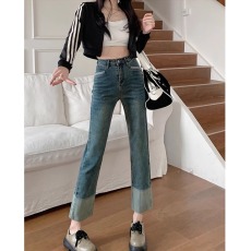 批发2025<b class='q'>大码</b>高腰直筒牛仔裤女春秋宽松显瘦小个子复古弹力九分烟管裤