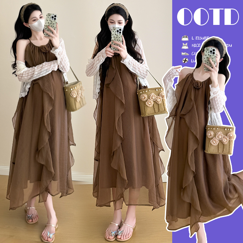 실사 지금 2026 봄 새로운 출산 착용 행침 목 오프숄더 프릴 디자인 센스 품격 점프 슈트 치마 세트