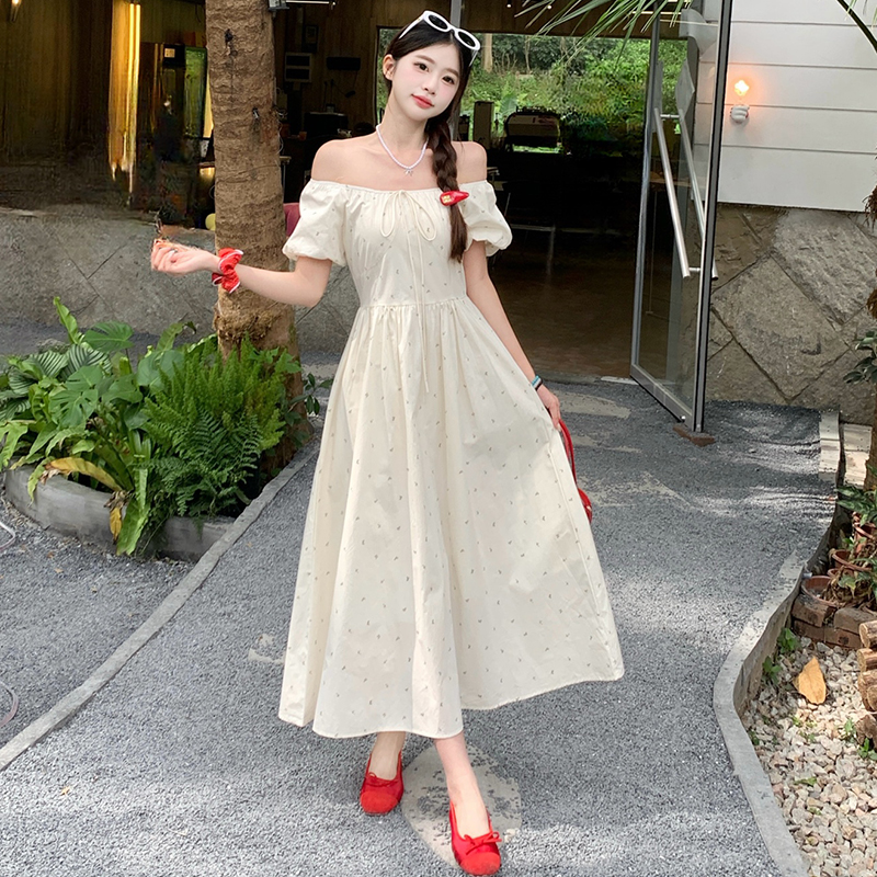 MY9259# 夏季法式小清新碎花一字肩连衣裙中长款花苞袖减龄显瘦度假裙女裝貨源服裝批發