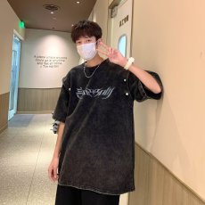 批发复古水洗做旧字母印花短袖T恤男女<b class='q'>嘻哈</b>宽松纯棉圆领半袖上衣ins潮