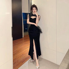 批发实拍新中式黑色高级感性感改良版旗袍<b class='q'>连衣裙</b>气质晚礼服鱼尾包臀裙