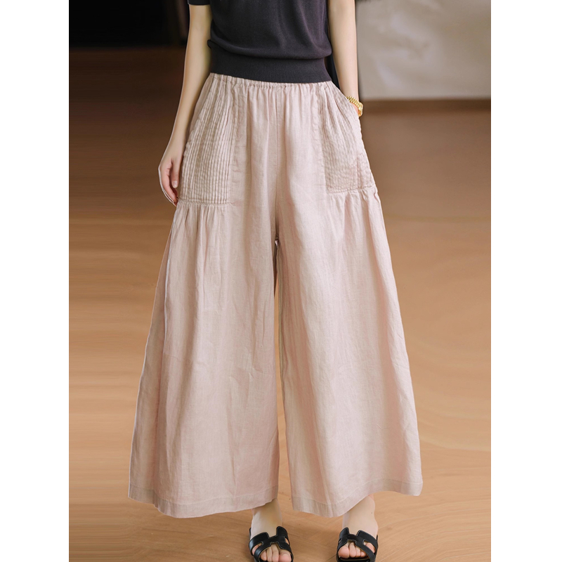 7672#2026 문예 바람 루즈핏 미니멀리즘 주머니 탑 그램 Pleat 여성 아마 버전 와이드 레그 팬츠 면 린넨 9 포인트 바지
