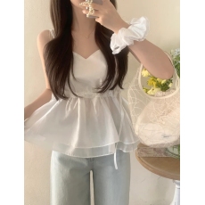 批发韩国ins  <b class='q'>甜美</b>收腰系带V领双层下摆上衣