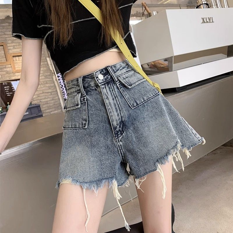 MY4788# 复古毛边牛仔短裤女夏季新款做旧高腰遮胯宽松显瘦百搭a字热裤子女裝貨源服裝批發