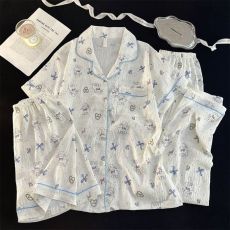 批发夏季外贸云朵棉三件套翻领短袖短裤长裤家居<b class='q'>服</b>女睡衣套装