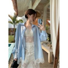 批发原版做法法式<b class='q'>夏</b>季新款百搭polo领宽松衬衫设计感蕾丝拼接上衣