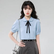 批发蓝色雪纺蝴蝶结衬衫女2026夏季面试短袖上衣小个子穿搭职业装衬衣