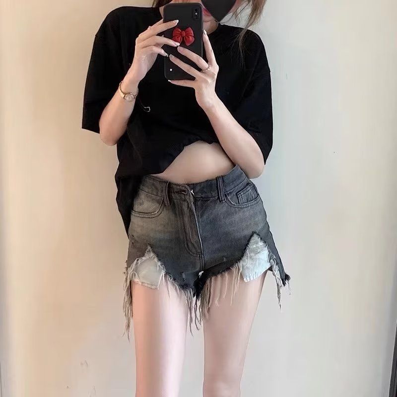 MY4781# 辣妹破洞高腰牛仔短裤女夏季薄款新爆款网红a字宽松设计女裝貨源服裝批發