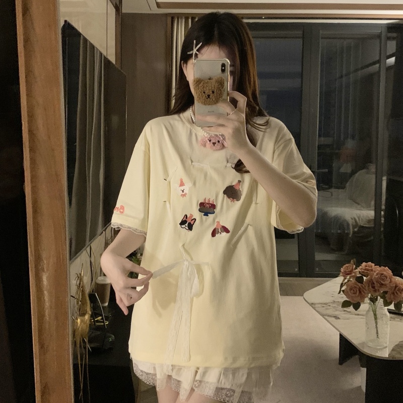 FA23884# 甜美爱心小狗印花短袖T恤女夏季新款设计感减龄宽松百搭半袖