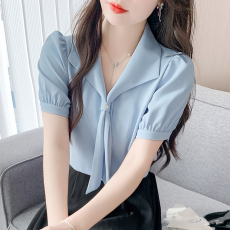 批发2026夏季蓝色v领飘带面试衬衫女士<b class='q'>职业</b>正装上衣通勤穿搭雪纺衬衣