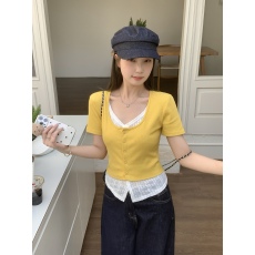 批发实拍 大码胖MM夏季新款蕾丝拼接假两件短袖上衣修身显瘦<b class='q'>T</b><b class='q'>恤</b>