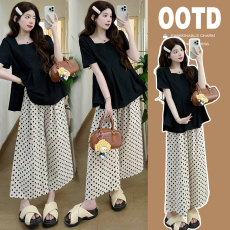 实拍 孕妇装气质方领衬衫显瘦娃娃衫上衣+休闲波点托腹裤套装