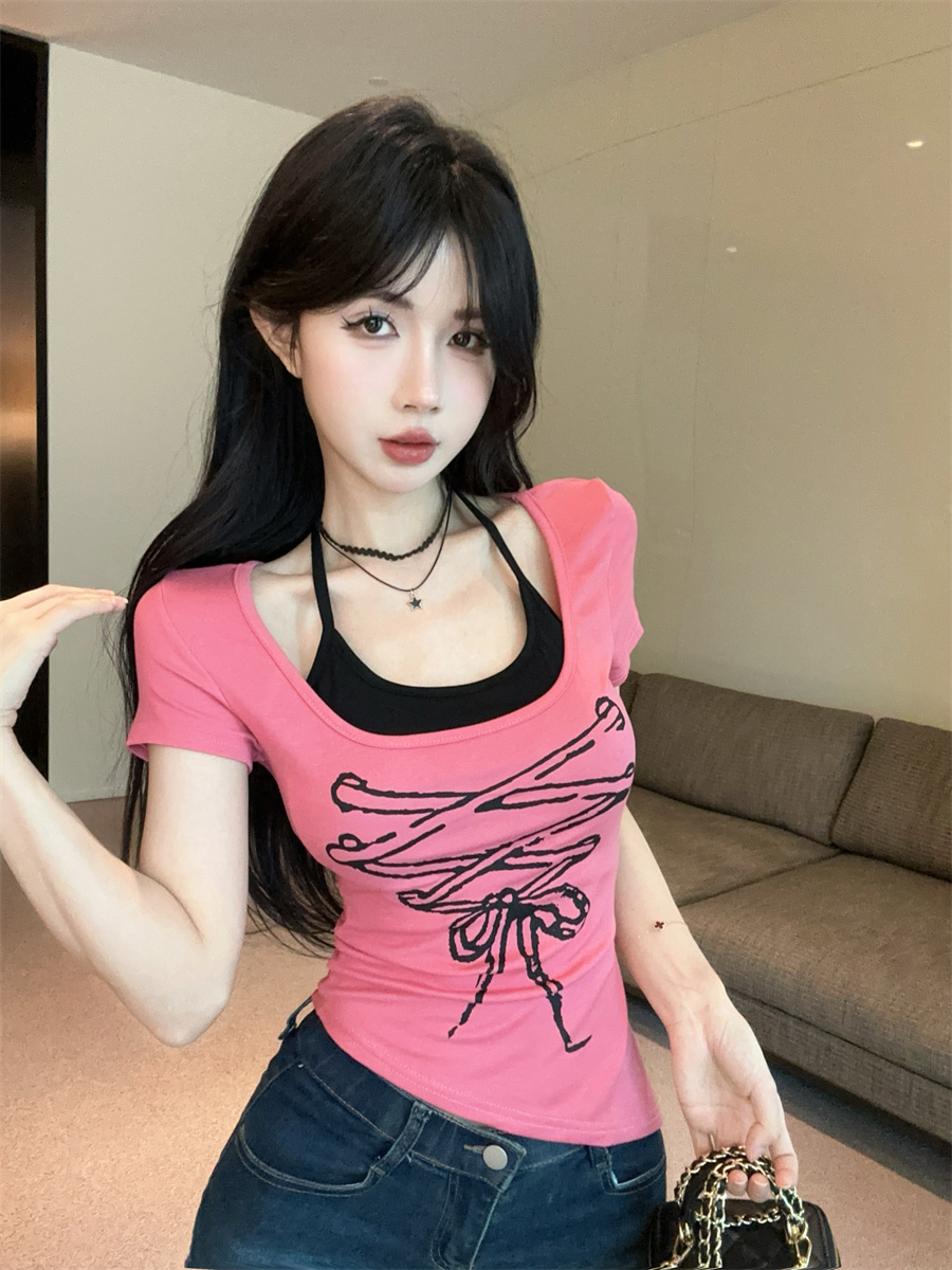 甜辣妹性感挂脖绑带不规则拼接假...