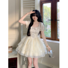 批发清风铃兰 甜美公主风蝴蝶结<b class='q'>欧根纱</b>短款连衣裙<b class='q'>蓬蓬裙</b>女夏