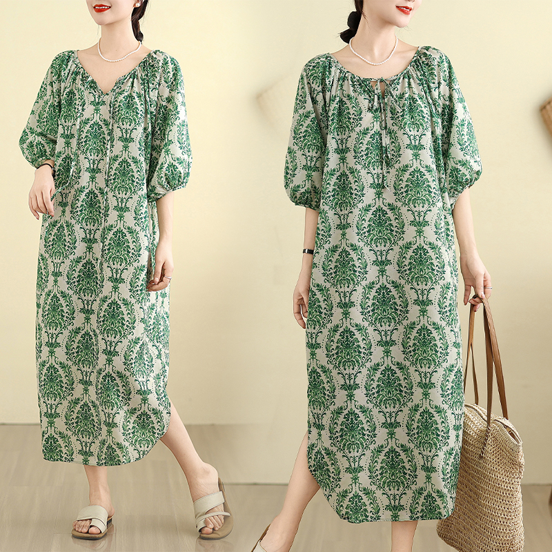 RY2821# 实拍夏装新款大码女装优雅满屏碎花系带灯笼袖连衣裙M 4XL200斤