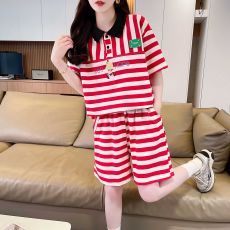 批发纯棉色织条拉架 夏季新款休闲Polo领条纹短袖<b class='q'>上衣</b>短裤两件套装