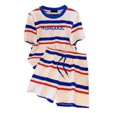 批发官图 纯棉珠地面料2026夏季新款休闲条纹短袖<b class='q'>上衣</b>+短裤两件套装女