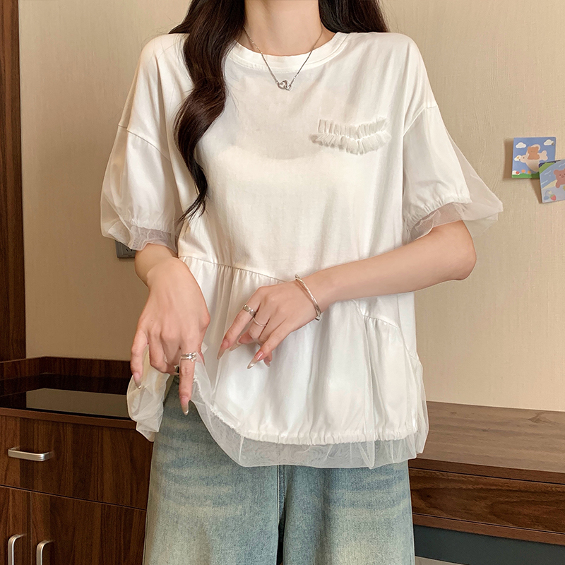 2026 여름 새로운 빅 사이즈 여성 의류 티셔츠 패션 통통한 여동생 루즈핏 표지 배 연령 감소 다용도 반팔 맨위