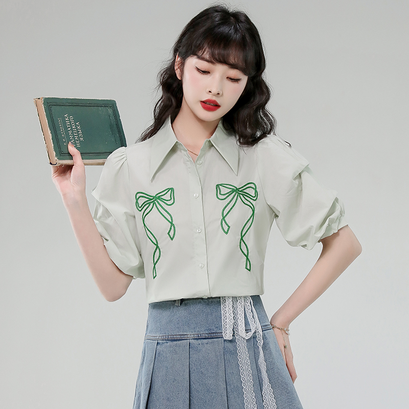 FA35089# 法式泡泡袖衬衫夏季新款翻领蝴蝶结绣花透气上衣女 服裝批發女裝批發服飾貨源