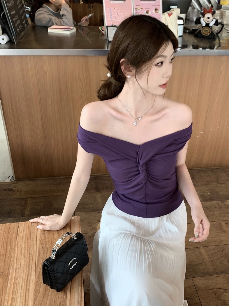 MY5778# 纯欲紫色v领扭结一字肩女裝貨源服裝批發