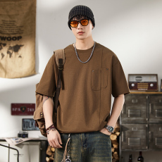 批发实拍2025夏季新款潮牌短袖t恤男简约贴袋百搭弹力舒适韩版圆领T恤