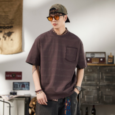 批发实拍2025夏季美式潮牌条纹短袖T恤男百搭弹力舒适简约挖袋圆领t恤