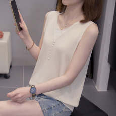 V领假两件冰丝针织吊带衫大码女装夏季微胖mm宽松纽扣背心