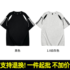 批发T317# 200克 20支双纱索罗<b class='q'>纳</b>领100%棉 圆领撞色拼接条纹短袖T恤